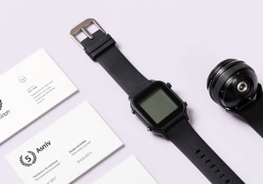 A overhead flat lay photo of brand style guides, professional business cards, and a minimalist digital watch on a pale lilac white background.