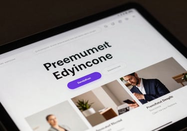 Close-up of a high-resolution tablet screen displaying a modern, premium web design layout with clean typography and purple accents.