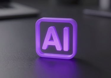 A minimalist photo of a 3D-printed AI icon glowing with soft violet light on a dark desk surface.