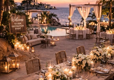 An outdoor setting with an ocean front and a pool with a sign - "Welcome to our destination event"