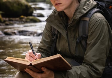 Person de-escalating by a creek, writing in their journal as a DBT skill.