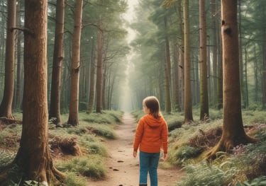 Young child wandering through a forest representing neural pathways & processing.