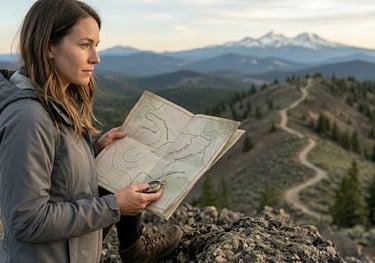 Hiker with a map and compass contemplating direction as do those needing mental health care.