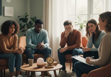 A group therapy session with adults processing their childhood traumas.