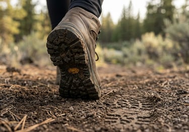 A macro shot of hiking boots on a trail representing committed action in CBT.