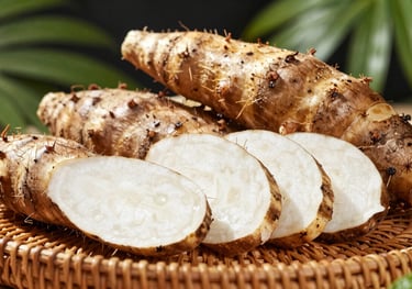 Fresh malanga roots with their characteristic brown skin and white interior, arranged neatly on a woven tray in a tropical sunlight environment.