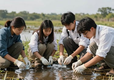 A team of researchers and students collecting water samples in a North American / US wetland area, focusing on environmental sustainability and scientific impact.