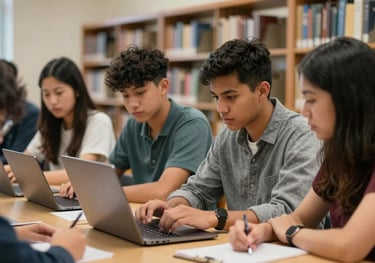 Students working on a laptop in a school library setting in the North American / US, collaborating on a service-learning project for local youth.