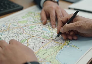 A close-up of hands working on a professional map layout in a North American / US municipal office, highlighting technical expertise and collaboration.