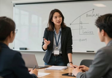A mentorship session in a North American / US town hall, where a faculty expert is guiding a local entrepreneur on strategic business growth.