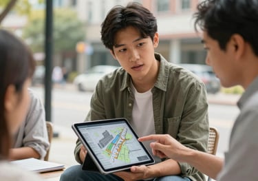 A student using a digital tablet to discuss urban planning and infrastructure with a community leader at an outdoor North American / US site, professional and inspiring mood.