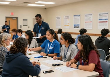 A public health outreach event in a community center hall in North American / US, with informative posters and students assisting local residents.