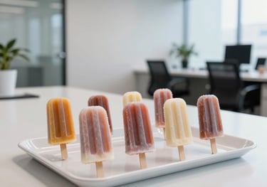 Minimalist corporate setting in a bright South American office, showcasing gourmet popsicles on a clean tray for a business brunch.
