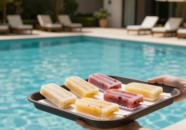 Luxury hotel pool area in South America with a tray of fresh popsicles being served on a bright afternoon.