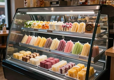 A stylish freezer display inside a modern South American boutique cafe, neatly showing rows of colorful, branded artisanal paletas.