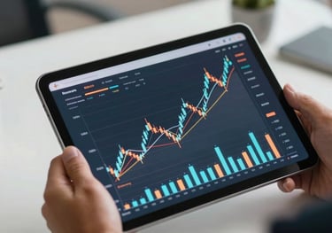 A close-up of a high-tech tablet showing abstract financial growth charts, held by a professional in a modern Brazilian workspace.