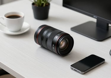 An organized and minimal workspace with a coffee cup and high-end tech accessories on a white wooden desk.