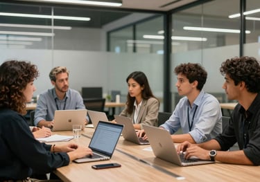 A group of tech professionals in a collaborative meeting room with glass walls in a Brazilian innovation hub.