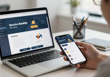 A modern desk with a laptop and a smartphone showing a secure banking app interface in a bright office in São Paulo.