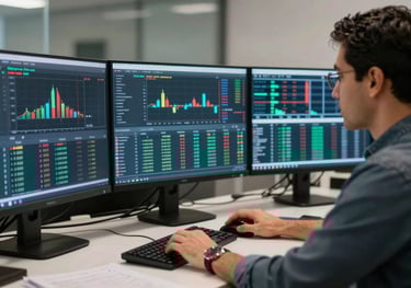 Professional photography of a South American financial analyst working with multiple screens displaying data streams.