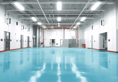 a large room with a blue floor and a white ceiling