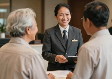 Candid photography of a hotel manager in Indonesia interacting warmly with an elderly couple at check-in. The focus is on the emotional connection and friendly service. Soft sand and charcoal tones in the attire.