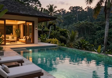 A cinematic evening shot of a luxury private villa infinity pool overlooking a tropical forest in Indonesia. The lighting is warm and inviting, showcasing the high-end management results.
