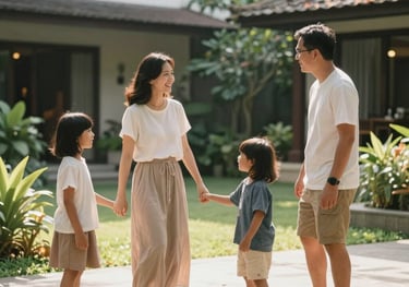 A lifestyle photography shot of a family playing together in a sunlit hotel garden in Indonesia. The mood is joyful and authentic, showing the human side of hospitality.