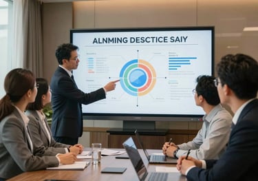 A professional business meeting in a bright, modern Indonesian hotel office. A management team is looking at a digital strategy board with focus and collaboration. High-quality corporate photography with warm lighting.