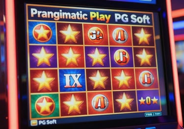 A vibrant but professional visual of a slot machine interface showing winning symbols, featuring Pragmatic Play and PG Soft style, using brand colors.