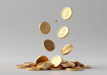 An abstract 3D render of cascading coins in gold (#F5B041) against a soft grey background, representing rollingan bonuses.
