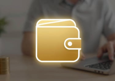 A modern digital wallet icon glowing with gold light (#F5B041), representing cashback rewards and financial stability for players.