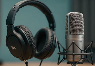 Close-up of a high-quality microphone and headphones in a professional British / UK podcasting studio with soft teal lighting.