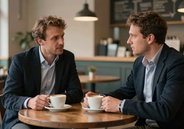 Two professionals discussing brand strategy over coffee in a stylish Newcastle Upon Tyne, UK cafe environment.