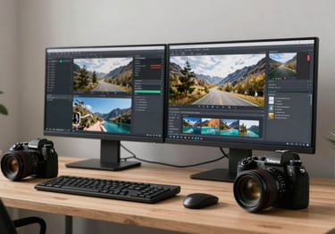 A professional desk setup in a modern British / UK home office with high-end camera gear and editing screens showing travel vlogs.