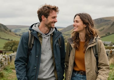 A cheerful couple of travel vloggers in a scenic British / UK countryside setting, dressed in stylish outdoor wear, capturing the 'Those Happy Days' brand mood.
