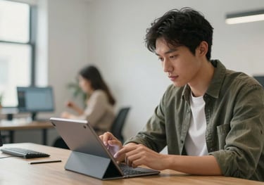 A focused content creator reviewing analytics on a tablet in a bright British / UK co-working space.