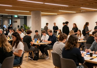 A vibrant community event for digital creators in a modern British / UK event space with warm lighting.