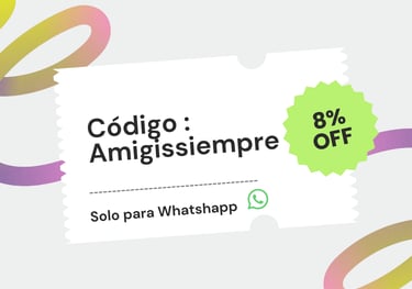 WhatsApp promo coupon offering 8% off with discount code Amigissiempre on a white ticket design.