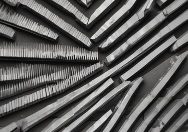Abstract black and white architectural wall art with jagged geometric metal shards in a radial pattern.