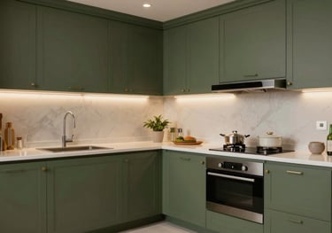 Detailed shot of an L-shaped kitchen layout with olive green cabinetry and integrated lighting. Modern South Asian / Indian kitchen styling.