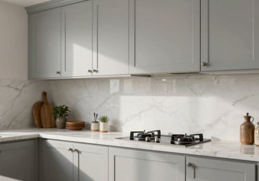 Clean and bright kitchen interior featuring light gray cabinetry and a white marble backsplash. South Asian / Indian style decor, sophisticated morning lighting.