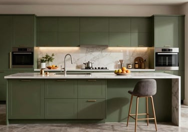 Luxurious olive green modular kitchen with a large center island and modern bar stools. South Asian / Indian residential interior, sophisticated lighting design.