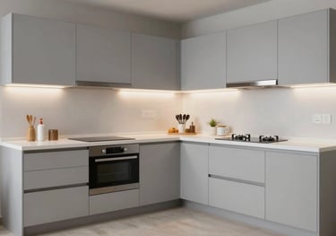 Compact and efficient L-shaped kitchen in a Pune apartment. Light gray and white color palette, maximizing storage with clever corner solutions.