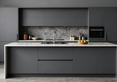 Modern modular island kitchen with a charcoal gray finish. The scene includes high-end appliances and a minimalist South Asian / Indian kitchen setup. Professional studio lighting.
