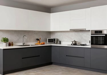 Sleek L-shaped modular kitchen with dark charcoal lower cabinets and white upper cabinets. South Asian / Indian architecture, clean lines, and modern kitchen accessories.