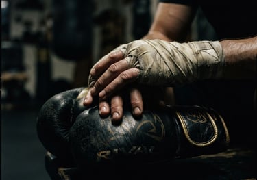 Cinematic low-key sports photography of wrapped hands resting on black leather boxing gloves, dramatic side-lighting carving out texture, deep shadows, desaturated tones with gold highlights, 35mm lens.