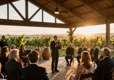 A small, intimate operatic performance taking place in a rustic, elegant winery setting in Washington state. Warm gold sunset lighting and a sophisticated audience.