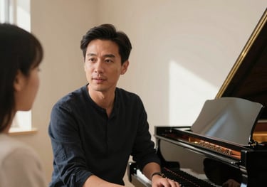 A close-up of a vocal coach working with a student in a sunlit studio in the Pacific Northwest US. Elegant surroundings with a grand piano and cream-colored walls.
