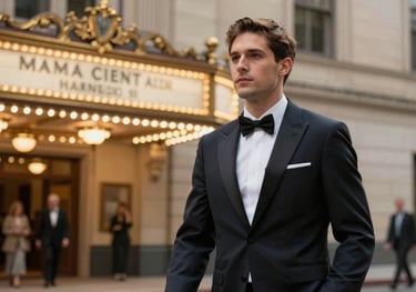 An usher in a sophisticated dark suit welcoming guests into a theater in Washington state. The background features warm gold lighting and classic architecture.